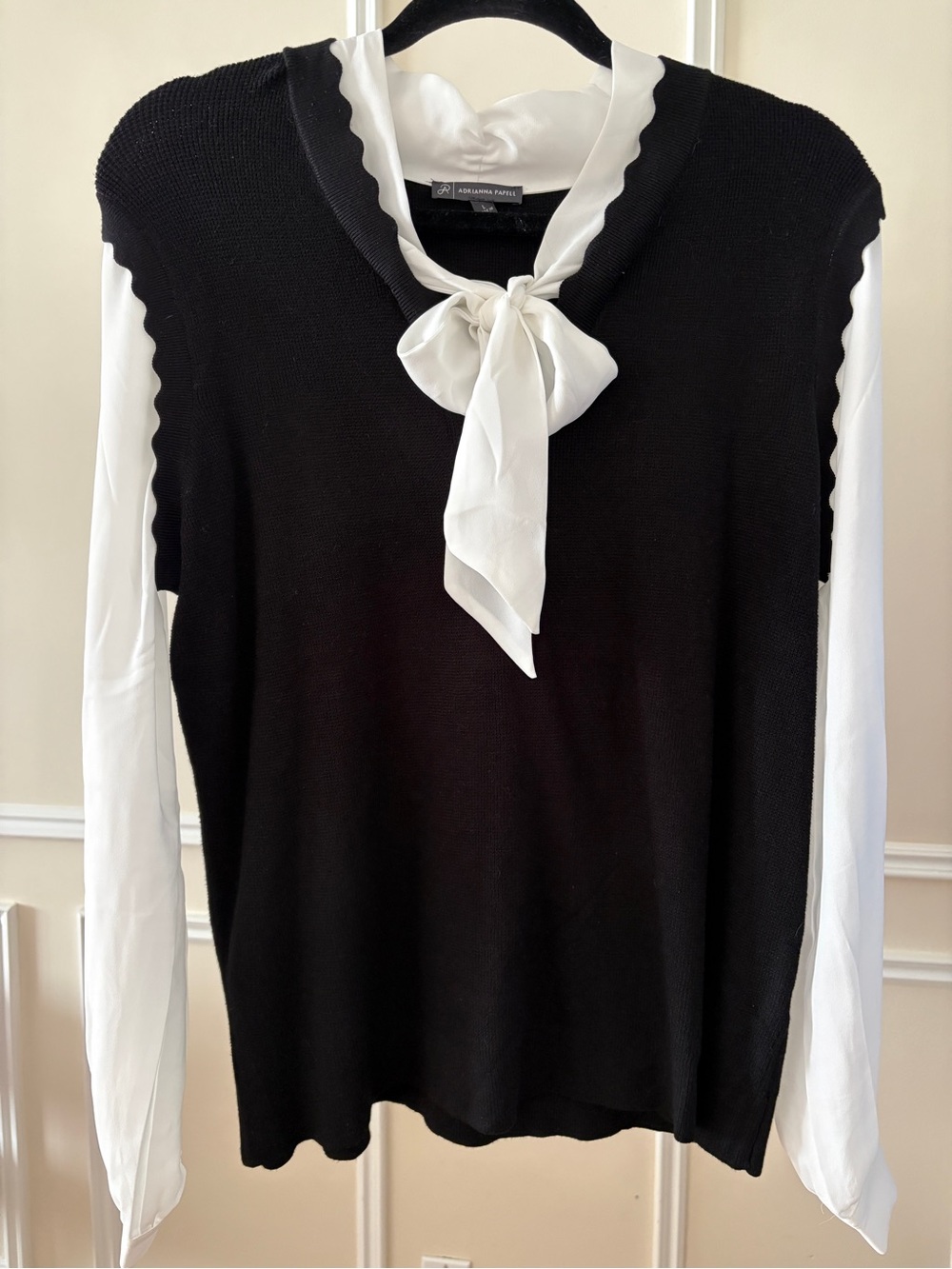 Adrianna Papell Black & White Tie-Neck Layered Sweater